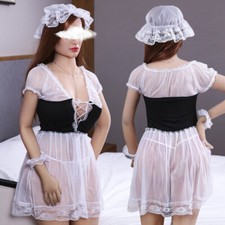 Womens Lace French Maid Outfit See Through Wench Costume Waitress Fancy Dress