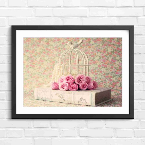 Pink roses and birdcage - pink,