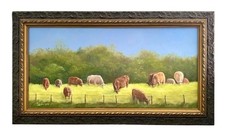 Cow Painting Original Oil on Canvas Signed Framed Vintage Landscape Decor Art