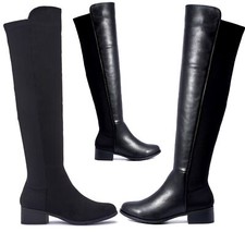 NEW WOMENS FLAT OVER THE KNEE FASHION ZIP LOW HEEL STRETCHY ELASTIC BOOTS SIZE