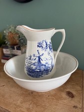 1930s Alfred Meakin Wash Bowl Jug Set, Large Vintage Pitcher, Blue & White