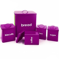 5pc Purple Metal Bread Bin Storage Canister Set Coffee Tea Sugar Biscuits Bread