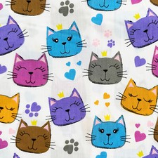 Polycotton Fabric - Cute Bright Happy Cat Faces - Craft Fabric Material Metre