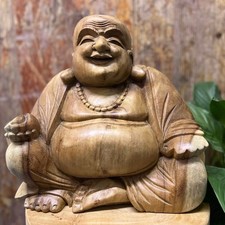 Hand Carved Large Wooden 30cm Laughing Buddha Sculpture, Statue, Ornament.