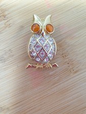 CIRO Owl Brooch Gold Colour Metal With Orange Rhinestone Vintage
