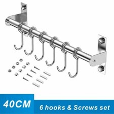 Kitchen Utensil Hanging Rail Rack Organiser Wall Mounted Stainless Steel 8 Hook