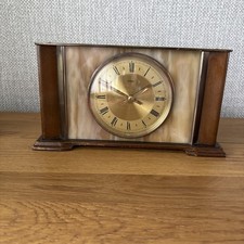Metamec Art Deco Style Mantle Quartz Clock, Wood, Brass, Faux Onyx 1960s