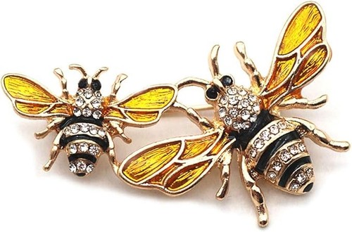 Golden twin bee brooch - golden,