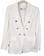 Zara Tailored Blazer Double Breasted Oyster White Gold Buttons Size XS 6/8