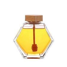 1Pc Hexagon Glass Honey Honey Storage Container Jar Honey Pot with Wooden Dipper