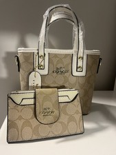 Coach Mini Bag and Wallet Set Signature Canvas Leather Beige And White
