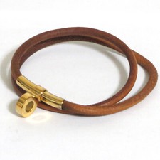 Auth Vintage HERMES Kite Double Wrap Bracelet Choker Brown Leather Goldtone Meta