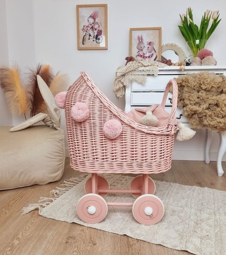Wicker doll trolley pink with - trolley,