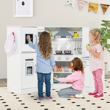 Large Wooden Corner Kitchen Playset Pretend Toy with Sink Cookware White