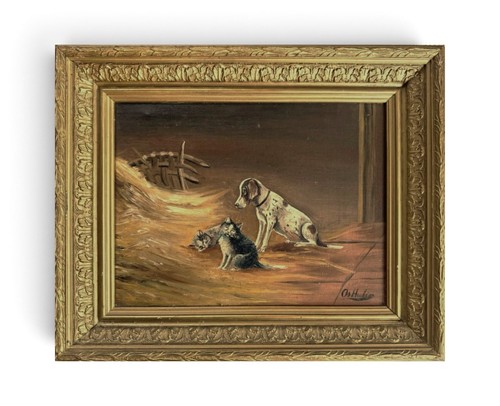 Antique dog and kittens - and,