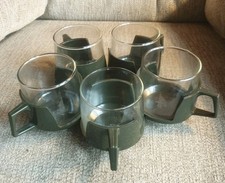 JAJ Pyrex Drink Up Glasses Olive Green Plastic Holders Vintage x 5