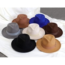 Mens Wide Brim Fedora Hat Classic Jazz Felt Trilby Elegant Ribbon Trilby Hat Cap