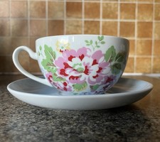 Cath Kidston White Blue & Pink Floral Teacup & Saucer Holds Approx 250ml 