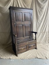 A rare antique charming English 18th century oak bacon back settle 