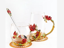Enamel Water Glass Flower Tea Cup Rose Coffee Mug With Handle And Spoon
