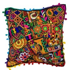 Indian Patchwork Gujarati Mandala Sari Ethnic Silk Cushion Covers Pom Poms 40cms