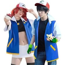 Ash Ketchum Cosplay Costume Blue Jacket Pokemon Trainer Outfit Cap Gloves Set