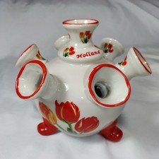 7 Finger Blue Delft Holland Tulip Vase Red Pottery Floral Rare Netherlands VTG