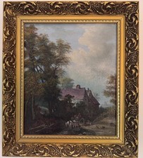 Original oil painting wooded landscape with figures with horse signed framed