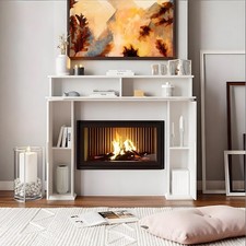 Wooden White Fireplace Surround Mantelpiece Storage Cabinet Shelves Unit Stand