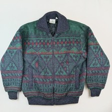 Vintage Greenwoods Mens Zip Up Wool Jacket XL Quilt Lined Aztec Geometric Bomber