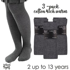 3 Pairs Girls Grey School Tights Pack Cotton Rich Age 2-13 Uniform Warm Thick 