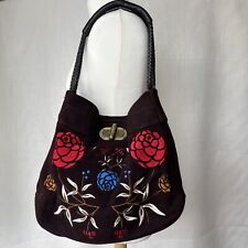 Billy Bag London Shoulder Embroidered Felt & Leather Brown Handbag Large Floral