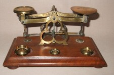 VINTAGE SET OF SMALL BRASS POSTAL SCALES WITH WEIGHTS