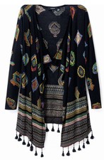 Desigual Black Geometric Print Knit Fringed  Cardigan XL Worn Only Once