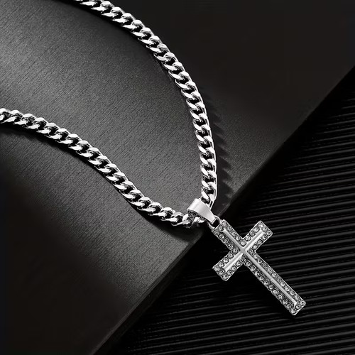 Silver diamond cross - silver, necklace