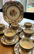 Antique Green Edged Copeland Spode Chinese Rose Tea Set for Six