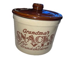 Vintage Stoneware Crock Grandma's Snacks for VIP Grandchildren Cookie Jar
