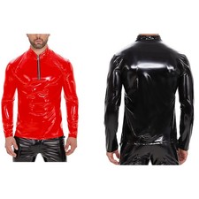 Men's Zipper Design Fashionable Long Sleeved T-shirt Top Sexy Pvc Leather Top