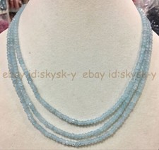3 Rows 2x4mm Faceted Light Blue Aquamarine Rondelle Gems Beads Necklace 17-19''