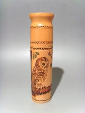 Vintage Treen Turned Wood Needle Bodkin Case Owl On A Tree Branch Pyrography