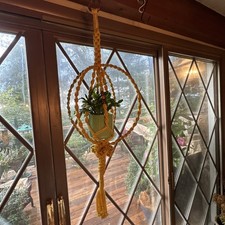 Vintage Macrame Plant Hanger Cream  Beads 42” Tall