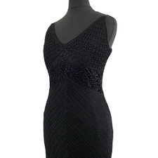 Vintage 1990s Does 20s Flapper Dress Black Crochet Beaded ART DECO Dress 6 8