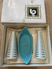Vintage Boxed Hornsea Harlequin Turquoise / White Three Piece Salt & Pepper Pots