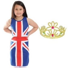 CHILD GIRLS UNION JACK VE DAY FANCY DRESS + TIARA COSTUME FLAG ROYAL PARTY