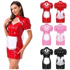 UK Women French Maid Dress Lace Trim Mini Satin Apron Puff Sleeve Wet Look Dress