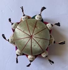 Vintage Handmade Asian Silk Pin Cushion 9 People Holding Hands