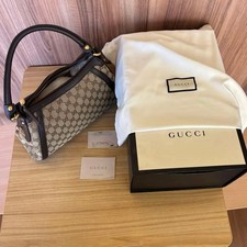 GUCCI GG Tote Shoulder Bag Ziplock Leather Canvas Brown Gold Hardware