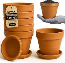 6 Pack Terracotta Plant Pots - 10cm  Flower Pots with Saucer Indoor Outdoor Use