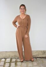 EX F&F CAMEL RIBBED BUTTON FRONT BELTED WIDE LEG LOUNGE WEAR/JUMPSUIT SIZE S & M