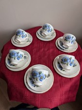 vintage Gainsborough 18 piece (6 x trios) bone china tea set, blue flower design